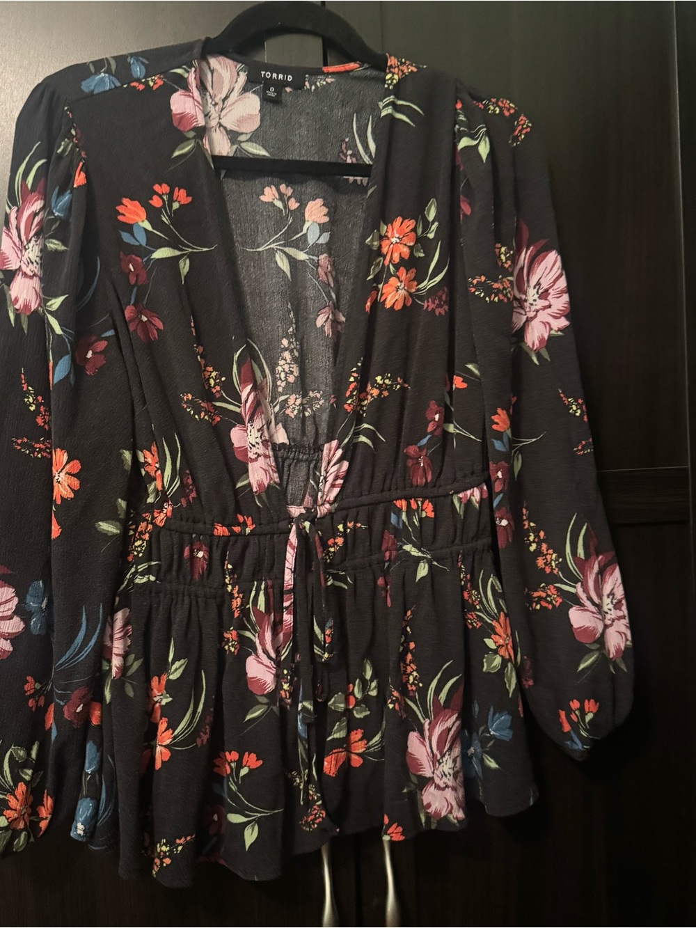 torrid Black Floral V-Neck Tie-Waist Peplum Blouse